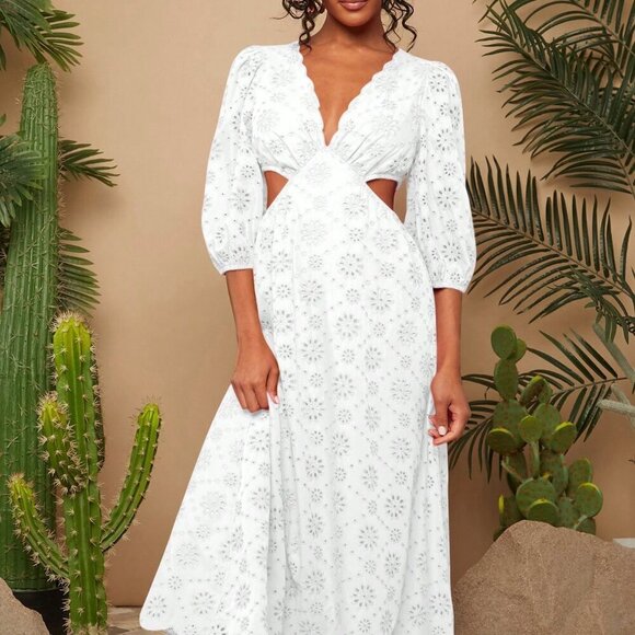 White Boho Women's Woven Embroidered V-Neck Puff Sleeve Tall Long Dress - Picture 4 of 5